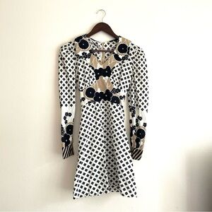 Vintage Seventies Floral A-Line Dress in Navy and Cream